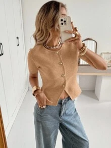 Siren Gaze Áo khoác cardigan ngắn tay cài nút dáng thường ngày dành cho nữ - Màu be - Xem 3