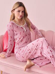 Bonmuse Women's Knitted Jacquard Heart Print Lace Trim Square Neck Collar Long Sleeve Pajama Set - Multicolor - View 6