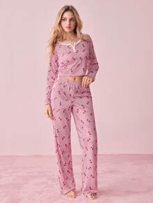 Bonmuse Women's Knitted Jacquard Heart Print Lace Trim Square Neck Collar Long Sleeve Pajama Set - Multicolor - View 7