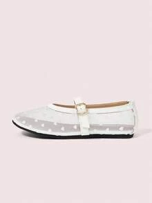 CUCCOO DOLLMOD 女士鞋履 爱心网面方头玛丽珍鞋，平底金属扣，甜美通勤约会优雅鞋 - 白色 - 查看 2