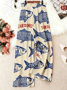 EMERY ROSE Plus Size Women's Casual Vacation Light Beige Base Big Fish Retro Print Waist Belt Design Wide Leg Pants, Spring Summer Autumn, Plus Size Women Long Pants Summer Pants - Multicolor - View 2