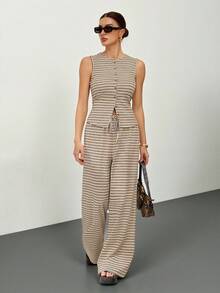 SHEIN Tall 2 piezas Conjunto de top de manga larga con botones delanteros a rayas y pantalones de pierna ancha casuales para mujer, otoño - Multicolor - Ver 6