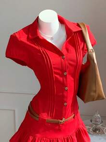 Comfortcana Women's Red Summer Cute Everyday Solid Cap Sleeve Single-Breasted Pleated Casual Shirt Dress,Festival Spring Outfit,Easter Beach Vacation Y2k Work - Red - View 3