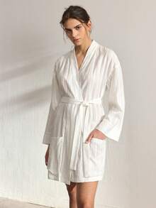 Ocili Women's Solid Color Robe With Belt, Sleepwear - White - View 6