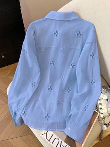 Airaco Damen Casual Mesh bestickte Knopfleiste Langarm Bluse - Blau - Übersicht 2