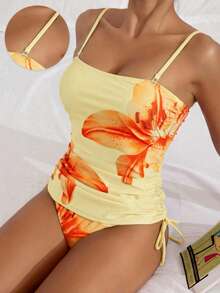 SHEIN Swim 女士印花坦克比基尼泳衣套装，优雅度假休闲风女士泳衣两件套黄色泳装女士泳衣收腹黄色泳衣上装Y2K泳衣女士泳衣套装女士沙滩装女士夏季服装女士泳装夏季服装女士沙滩泳衣女士沙滩装坦克比基尼新款女士泳装女士泳衣套装女士连体比基尼 - 彩色 - 查看 1