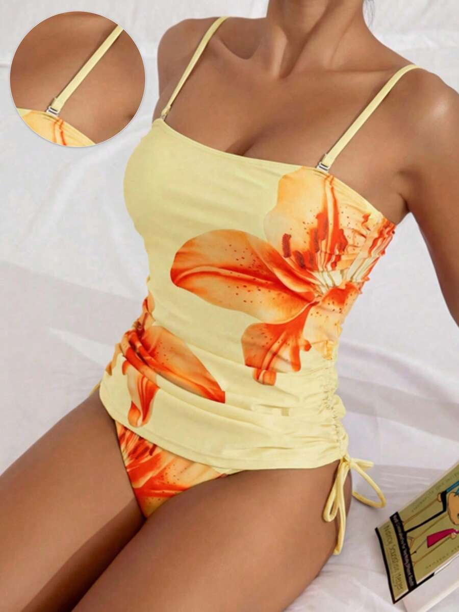 SHEIN Swim 女士印花坦克比基尼泳衣套装，优雅度假休闲风女士泳衣两件套黄色泳装女士泳衣收腹黄色泳衣上装Y2K泳衣女士泳衣套装女士沙滩装女士夏季服装女士泳装夏季服装女士沙滩泳衣女士沙滩装坦克比基尼新款女士泳装女士泳衣套装女士连体比基尼 - 彩色 - 查看 1