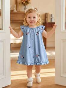 Toddler Girls' A-Line Dress, Summer New Cute Pink Floral Embroidery Pattern, Light Blue Washed Color, Lightweight Denim Fabric, Ruffle Trim & Flutter Sleeve Design, Playful & Sweet Style, Suitable For Various Occasions Like Vacation & Casual Wear - Blue - View 6