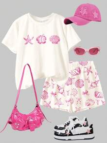 2pcs/Set Tween Girls' Casual Seashell, Starfish, Hibiscus, Bow Print Short Sleeve Round Neck T-Shirt And Shorts, Suitable For Spring/Summer Daily Wear, Street Style, Vacation, Homecoming, Back To School - Multicolor - View 3