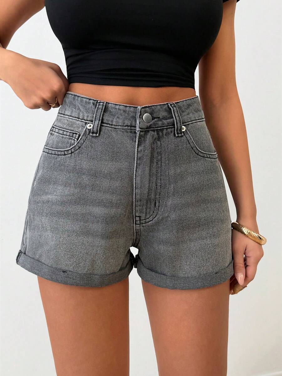 SHEIN High Waist 90's Style Grey Denim Short Folded Hem Detailed - Grey - View 1
