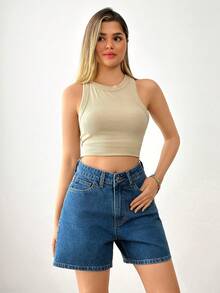 SHEIN Back Bow Detail Woman High Rise Casual Denim Short - Medium Wash - View 3