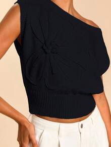 Travachic 女士休闲纯色印花露肩针织上衣，夏季 - 黑色 - 查看 7