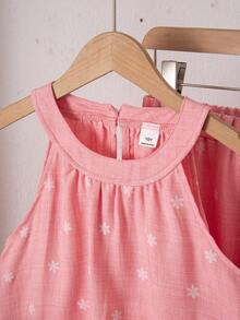 SHEIN Tween Girls' Blue Vacation Style Comfortable Halter Neck Shirt + Pants Set, Embroidery & Placement Print Bohemian Style, Suitable For Beach Holiday - Pink - View 4