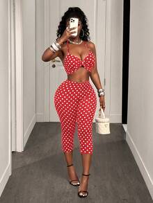 BamGleam 女士波点褶皱吊带背心和七分裤两件套休闲套装，女士度假套装，女士两件套波点两件套，女士夏季两件套，女士两件套休闲套装，女士两件套休闲波点套装 - 紅色 - 查看 4