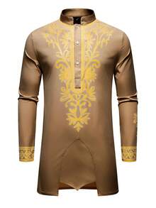 Genlund Bộ áo sơ mi nam cổ tròn tay raglan dài tay kiểu vintage - Cà phê nâu - Xem 4