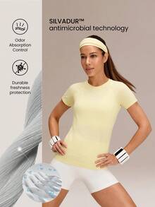 GLOWMODE Áo tập thể dục liền mạch, dáng ôm, tay ngắn, áo thun thể thao tập gym mùa hè - Màu vàng - Xem 4