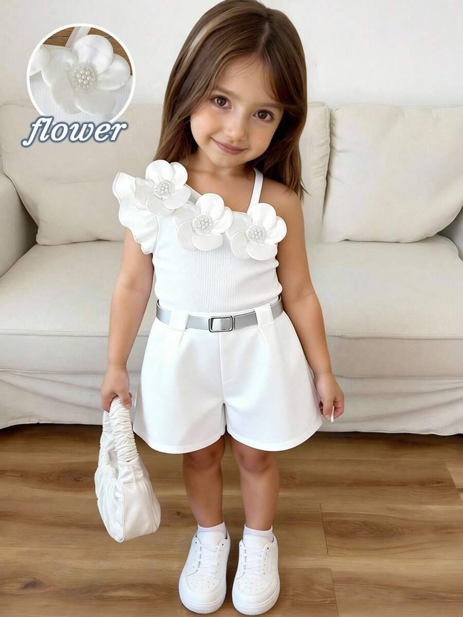 SHEIN Elladie kids Bộ áo ba lỗ trắng cho bé gái (size nhỏ), mùa xuân/hè, áo ba lỗ trắng đính ngọc trai và hoa 3D, phối cùng quần short trắng trơn, kiểu dáng tối giản, thanh lịch, phù hợp cho đi làm, đi học, đi chơi, dự tiệc, nghỉ lễ. - trắng - Xem 1