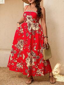 Breezaya Plus Size Women Vacation Style Floral Print Spaghetti Strap Dress - Multicolor - View 1
