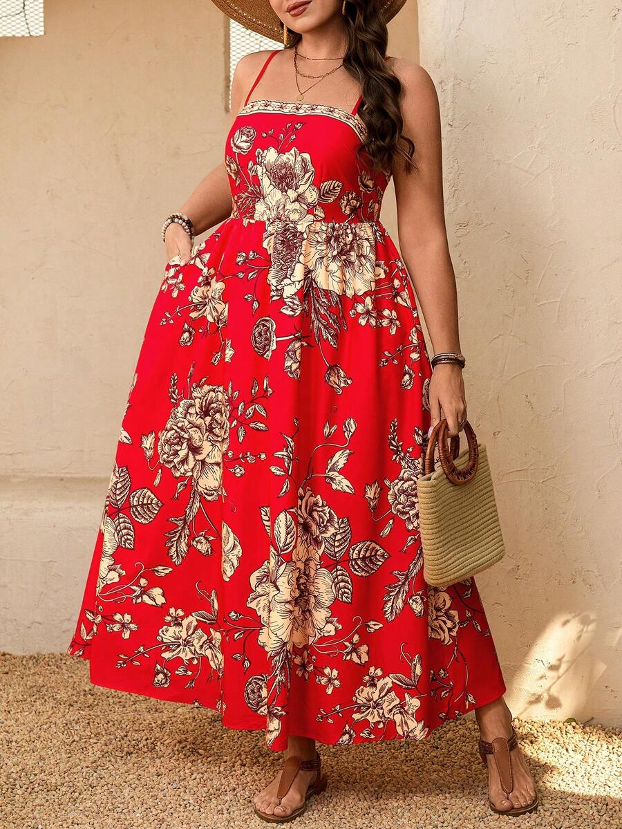 Breezaya Plus Size Women Vacation Style Floral Print Spaghetti Strap Dress - Multicolor - View 1