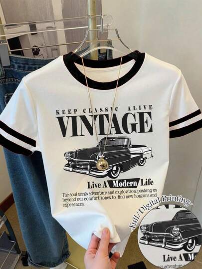 少女星形印花宽松休闲撞色条纹圆领T恤，适合夏季、日常穿着、返校季、姐妹装、度假等场合。