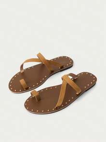 Nöista Studded Flat Sandals With Soft Cross Straps And Open Toe. Perfect For Beach Vacation Outfits - Brown - View 2