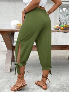 SHEIN CURVE+ Pantalones Capri de Talla Grande con Cintura Alta y Cordón, Primavera/Verano - Verde - Ver 2