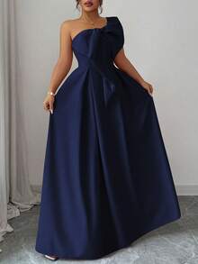 Elenzga Plus Size Women's Asymmetric Asymmetrical Shoulder Romantic Dress With Plus Size Bow Waist Tie, Suitable For Party, Wedding Guest, Bridesmaid, Autumn/Winter Women Elegant Outfits Where To Buy Evening Dresses Women's Dress Formal Wear Women Dresses Elegant Classic Bridesmaid Gown For Wedding - Navy Blue - View 3