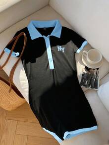 Attitoon Bộ jumpsuit phong cách sinh viên tối giản thường ngày, cổ áo polo, phối màu đen và xanh da trời, in chữ NY, thích hợp cho đầu thu, kiểu dáng đa năng, cổ điển, gợi cảm, dễ thương, phong cách Y2K, Coconut Girl, Boho, Hippie, lễ hội âm nhạc, thích hợp cho mùa thu/đông. - Màu xanh lam - Xem 4