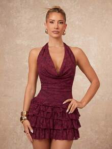 Lumalex 春季新款女装冬季聚会派对魅力优雅宴会低调奢华闪耀假日派对魅力优雅狂欢节郊游度假热门户外丰富层次婚礼季宴会成人礼花卉3D天鹅绒酒红色纯色优雅花卉层叠荷叶边迷你连衣裙女装奢华舞会圣诞节新年，女装派对礼服 - 酒紅色 - 查看 1