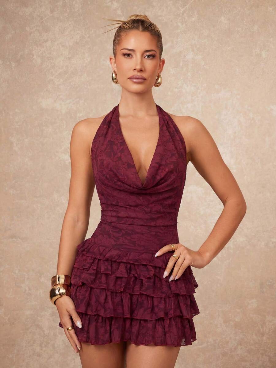 Lumalex 春季新款女装冬季聚会派对魅力优雅宴会低调奢华闪耀假日派对魅力优雅狂欢节郊游度假热门户外丰富层次婚礼季宴会成人礼花卉3D天鹅绒酒红色纯色优雅花卉层叠荷叶边迷你连衣裙女装奢华舞会圣诞节新年，女装派对礼服 - 酒紅色 - 查看 1