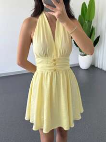 Firerie 女士优雅、精致、浪漫的露背摆裙，适合婚礼宾客、毕业典礼、正式场合穿着。 - 鵝黃色 - 查看 4