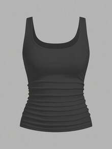 Slaydiva White & Dark Grey Women's Casual Crew Neck Ruched Fitted Tank Top Set, Versatile For Daily Wear,Summer Top - Multicolor - View 5