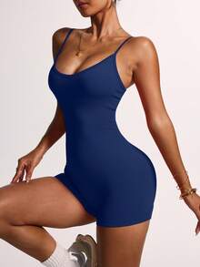 Slayform Women's Yoga Rompers One Piece Ribbed Spaghetti Strap Exercise Romper - Navy Blue - View 6