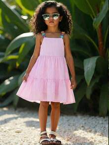 SHEIN 女童彩色花卉丝带拼接条纹A字连衣裙，适合日常休闲和节日场合 - 粉色 - 查看 2