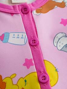LOONEY TUNES X SHEIN Baby Girl Cartoon Print Button Decor Round Neck Short Sleeve Romper - Pink - View 4
