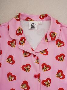 TOM & JERRY X SHEIN Young Girl Heart & Cartoon Print Button Front Short Sleeve Top And Shorts Pajama Set - Pink - View 3