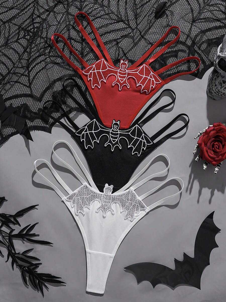 3pcs Women's Panties Set, Black/Red/White Bat Embroidery Thong: Cute Pattern + Thin Strap Design, Stylish Personality Attractive Lingerie Set For Petite Ladies (3pcs) - Multicolor - View 1