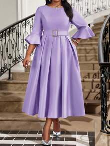 Fleurora 大码女装紫色圆领喇叭袖优雅连衣裙，适合秋冬季优雅派对、婚礼、鸡尾酒会、圣诞节等场合；粉色系带喇叭袖A字连衣裙；大码套装；返校节礼服；生日礼服；秋季女装；教师装；圣诞节缎面连衣裙；婚礼宾客礼服；端庄连衣裙；碎花中长连衣裙；母亲节 - 紫色 - 查看 6