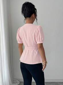 Elenzga 女士时尚优雅春季休闲纯色腰带花瓣袖衬衫 - 淺粉色 - 查看 2