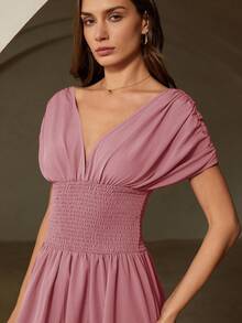 Aveloria Rosie Vestido morado con textura, mangas cortas de hombros caídos, cintura fruncida, falda acampanada con volantes en el bajo, elegante y romántico, versátil para vacaciones para mujeres - Rosa - Ver 5
