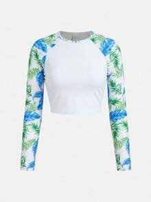 SHEIN 少女插肩袖热带植物印花上衣和短裤泳衣套装 - 粉色 - 查看 5