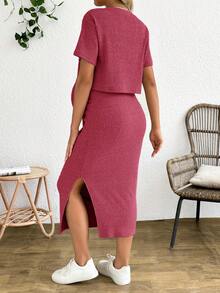 SHEIN 2 piezas Conjunto de top de punto acanalado y falda de unicolor para maternidad - Rosa - Ver 2