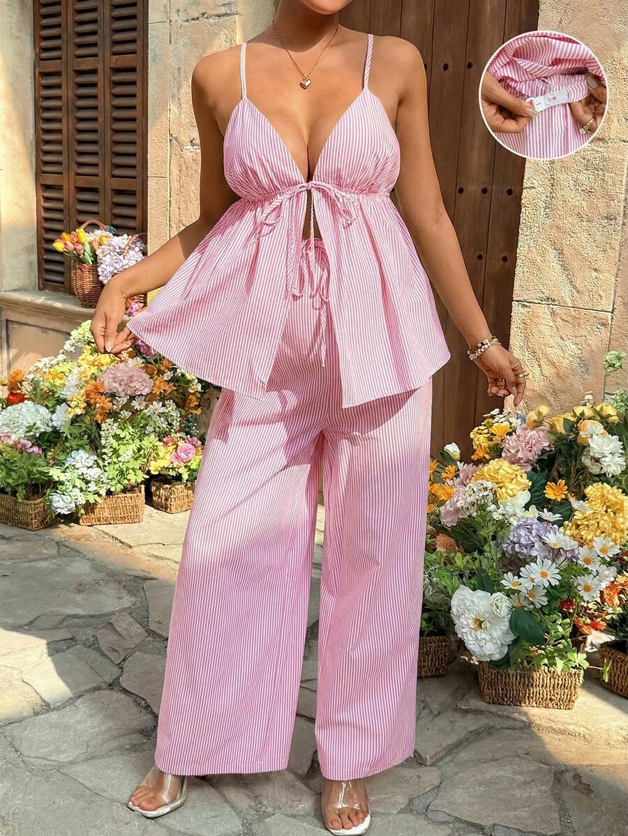SHEIN 2 piezas Conjunto de top de tirantes y pantalones a rayas minimalista para uso diario de maternidad - Rosa - Ver 1