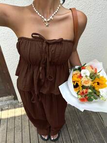 SHEIN EZwear 女款深棕色夏季波西米亞風海灘度假兩件套，編織亞麻抹胸上衣與長褲套裝，休閒成衣染色套裝 - 巧克力棕 - 查看 3