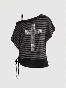 ROMWE J-Fashion 女士复古朋克亚文化不对称肩部宽松黑灰色十字图案装饰复古条纹基础款T恤 - 灰色 - 查看 1