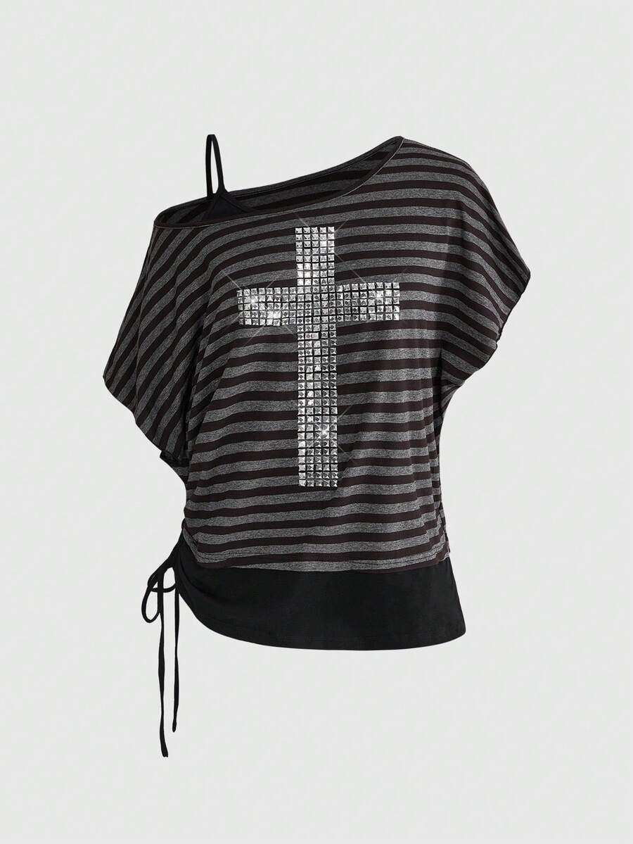 ROMWE J-Fashion 女士复古朋克亚文化不对称肩部宽松黑灰色十字图案装饰复古条纹基础款T恤 - 灰色 - 查看 1