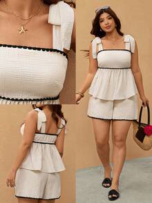 Elaquor Bộ 2 món áo hai dây và quần short thường ngày dành cho nữ cỡ lớn đi nghỉ mát - Màu be - Xem 1