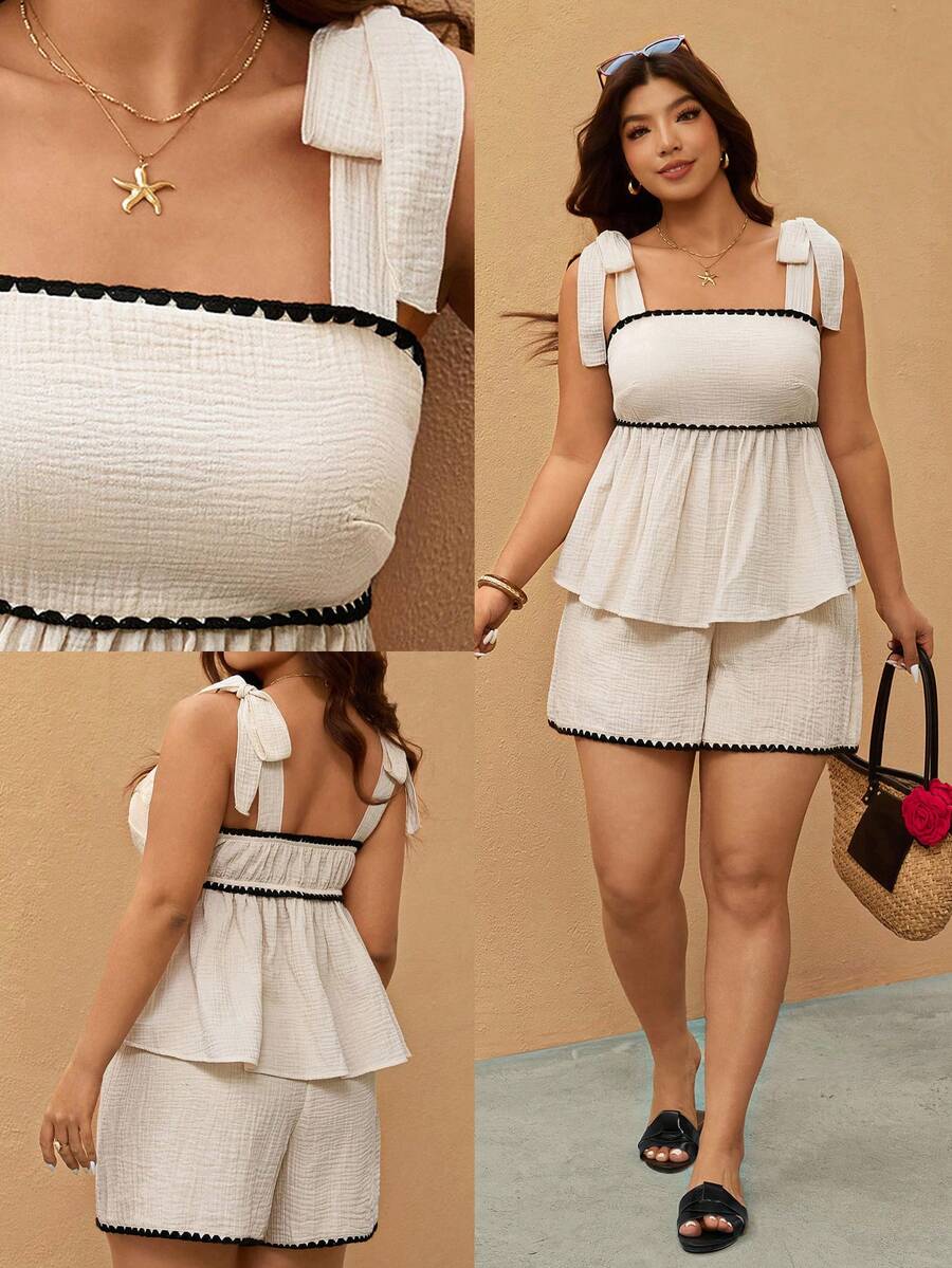 Elaquor Bộ 2 món áo hai dây và quần short thường ngày dành cho nữ cỡ lớn đi nghỉ mát - Màu be - Xem 1