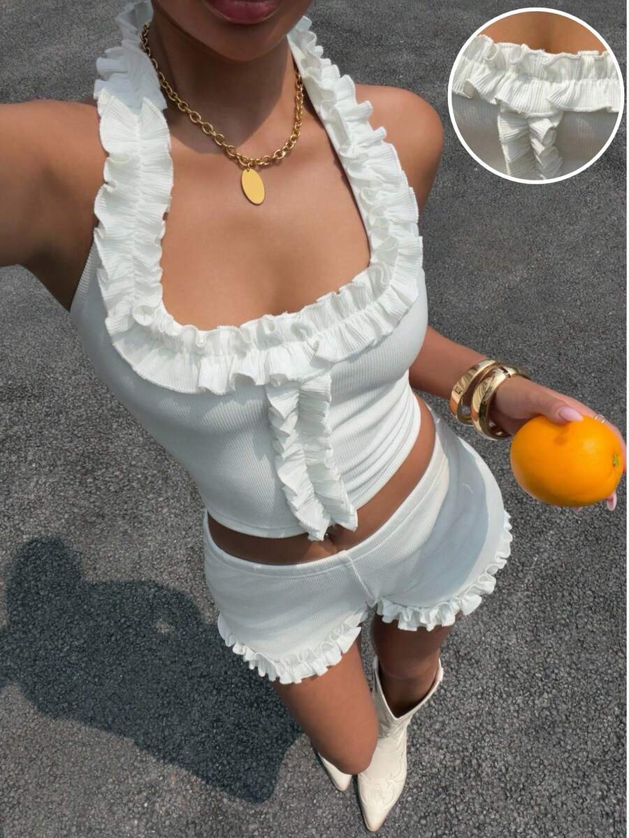 SHEIN EZwear Women's Summer Casual Frill Trim Halter Neck Tank Top & Shorts 2 Pieces Set - White - View 1