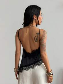 Coolane Women's Spring Streetwear Y2K Casual Chic Daily Wear Fitted Lace Patchwork V-Neck Sleeveless Tank Tops - Black - View 2